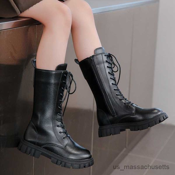 

boots little girl trend front up soft sole waterproof princess boot children' long casual warm boots r230822, Black;grey