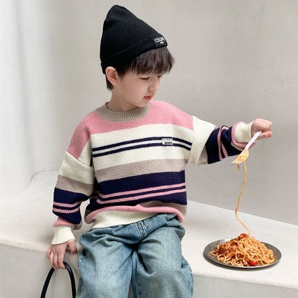 

family matching outfits autumn boys striped contrast color sweater kids knitwear children loose oneck long sleeve knit 'pullover 230821, Blue