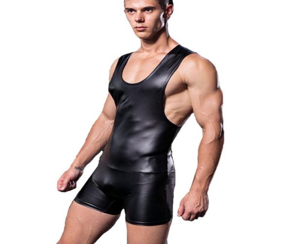 

faux leather slim fitness mens bodysuit body shaper romper for man singlet boxer slimming underwear sleeveless jumpsuit6937337, Black;brown