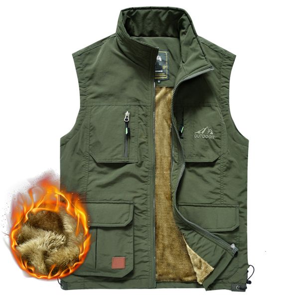 

men's vests winter men fleece warm vest with many pockets autumn male casual thick multi pocket waistcoat pographer sleeveless jacket 2, Black;white