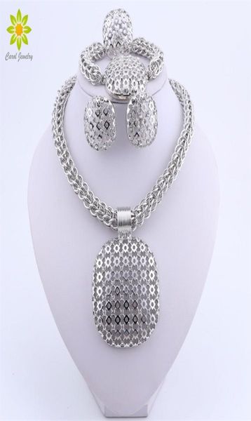 

dubai silver plated jewelry set women big pendant necklace fashion nigerian wedding african crystal costume bridal jewelry set 2208138717, Slivery;golden