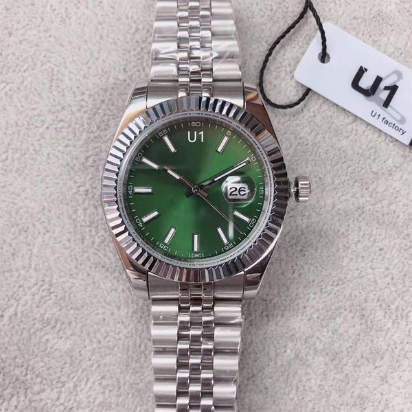 

st9 steel green dial fluted bezel watch 41mm automatic mechianical wristwatches strap sapphire glass mens watches340j, Slivery;brown