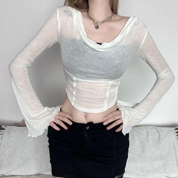

women's t shirts slim-fit trumpet-sleeved short all-over top, White