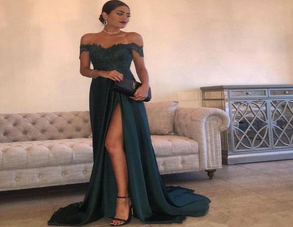 

off shoulder long evening dresses with lace appliques robe soiree split evening gowns zipper back avondjurk1977235, Black;red