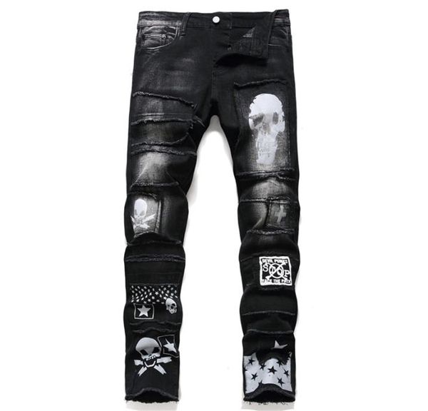 

mens jeans mens pants streetwear fashion trousers skull black denim biker male casual designer ripped comfortable 2202628913, Blue