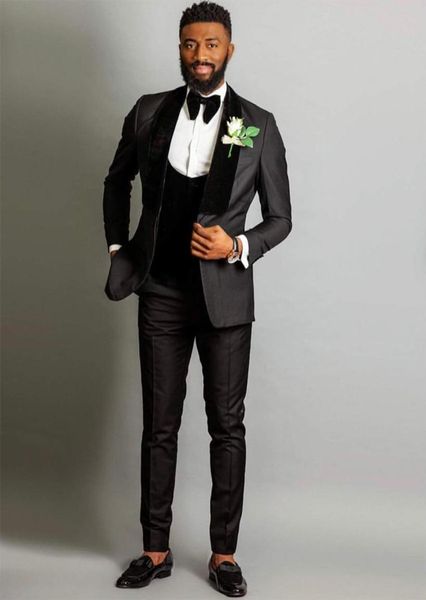

black wedding tuxedos 2019 velvet shawl lapel one button fashion mens suits for prom jacketpantsbowvestcustom made4002763, Black;gray