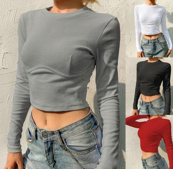 

women long sleeve oneck t shirt ribbed knit solid color bodycon corset crop 28gd17671130, White