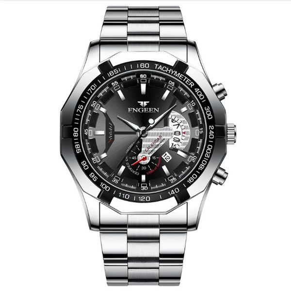 

fngeen brand white steel quartz mens watches crystal glass watch date 44mm diameter personality stylish man wristwatches263x, Slivery;brown
