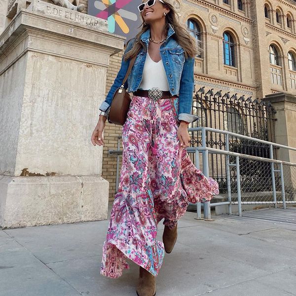 

two piece dress summer high waist long printed a line skirt floral women casual beach faldas female boho elastic holiday maxi skirts 230822, White