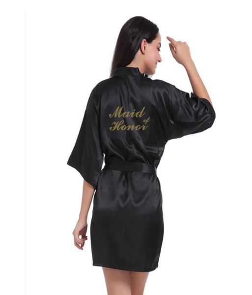 

women039s bronzing powder short kimono robe satin silk bridesmaid wedding robes letters gold glitter print maid of honor sleepw5538524, Black;red