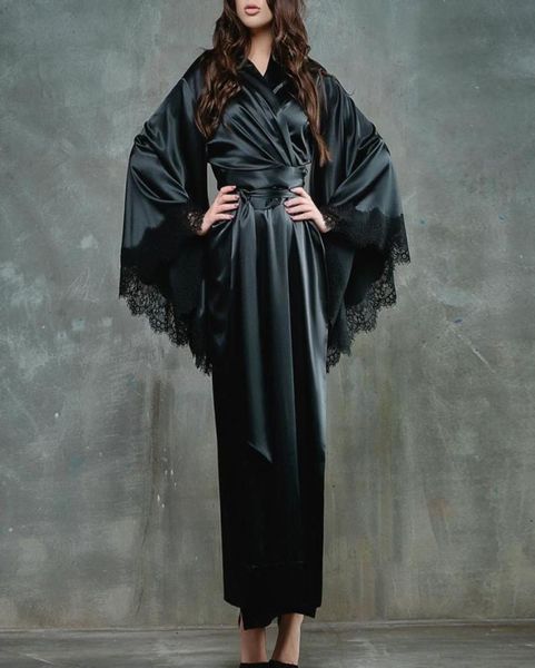 

women lace satin kimono long robe bathrobe lingerie sleepwear belt pajamas solid silk robes for women satin sleepwear8505395, Black;red
