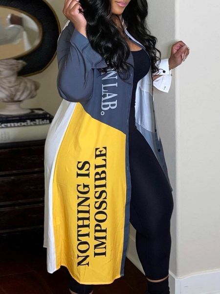 

women s jackets lw plus size letter print patchwork coat trench x long shirt collar regular sleeve button stitching way fashion streetwears, Black;brown