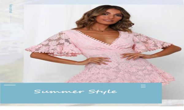 

new women summer deep v neck dress floral lace loose flare sleeveparty mini dresses sundress summer beach dresses8820349, Black;gray