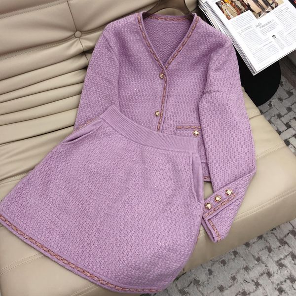 

two piece dress european fashion brand sequins v-neck knitted cardigan mini skirt set, White