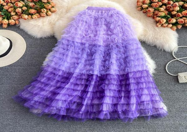 

skirts elastic high waist cake spring autumn elegant women pleated tutu mesh skirt female long lace pompong fairy saia9648101, Black