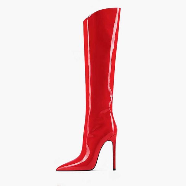 

autumn and winter new style pointed patent leather thin heel high sleeve boots fashion side zipper ultra 230822, Black