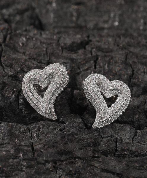 

1 pair hip hop claw set cz stone bling ice out 3 layers heart stud earrings for men women lovers rapper jewelry4909036, Golden;silver