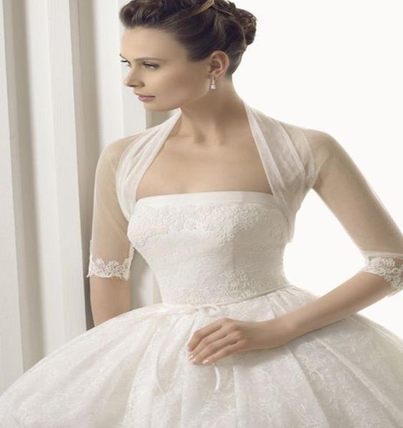 

elegant high neck wedding accessories bridal jacket bolero tulle merterial shawl wraps custom made lace long sleeve cape whiteivo6474658, White