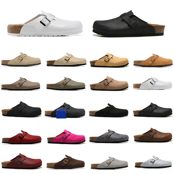 

autumn winter fashion outdoor indoor boston clog leather slide sandals metal buckle dark gray coffee black white dark red suede men women re