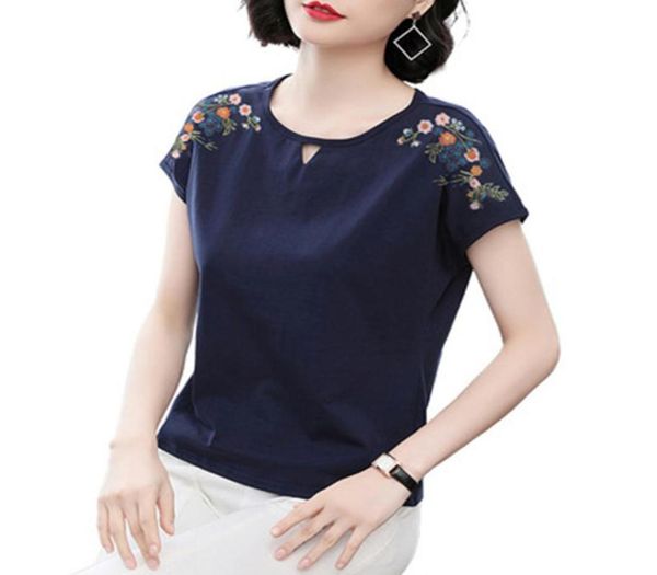 

fashion new early spring embroidered floral women t shirt two type shoulder florals design knit tees for ladies3353909, White