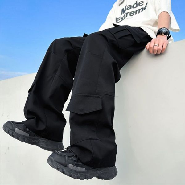 

men's pants houzhou cargo men harajuku oversize wide leg trousers male streetwear hip hop casual korean japanese pocket safari style 23, Black