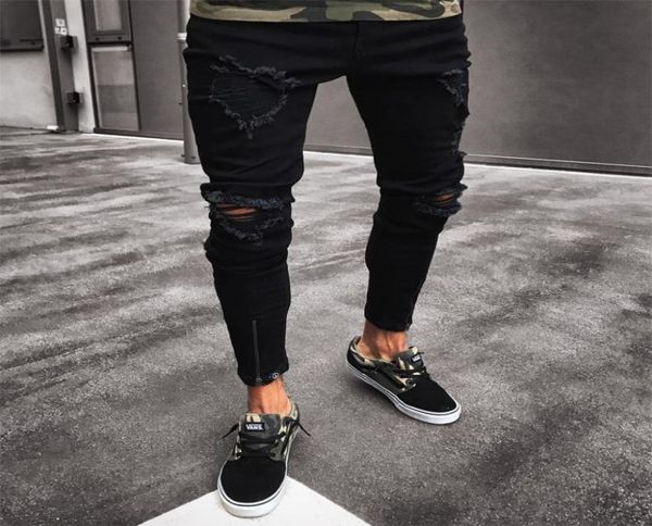 

men jeans stretch destroyed ripped design black pencil pants slim biker trousers hole jeans streetwear swag pants4079524, Blue