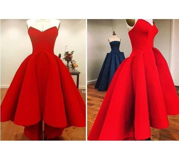 

2019 bright red sweetheart hi lo prom dresses plus size satin back zipper ruffles gorgeous girl party evening gowns high low 7370035, Black;red