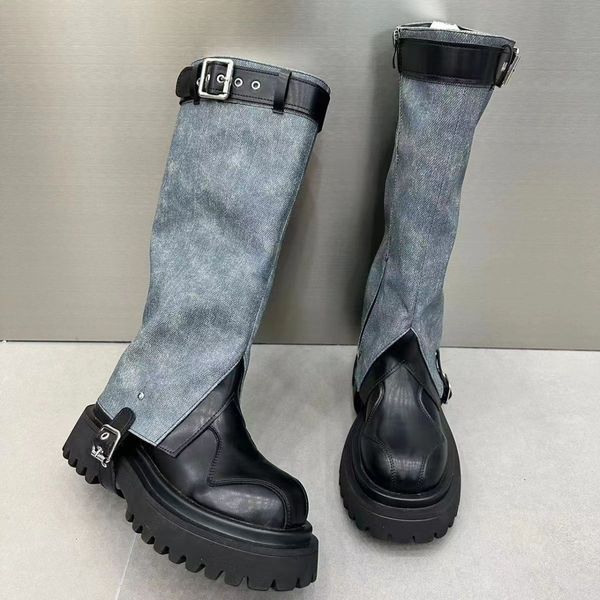 

autumn new leather denim two wear set foot high boots round head thick soled long boots pant boots women's shoes, Black