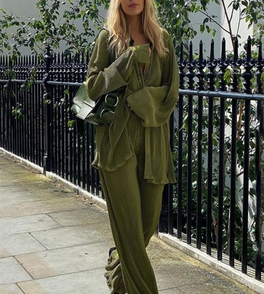 

clacive elegant green pants set women autumn long sleeve blouses matching wide trousers suit loose shirts two piece pant set 220526191391, White