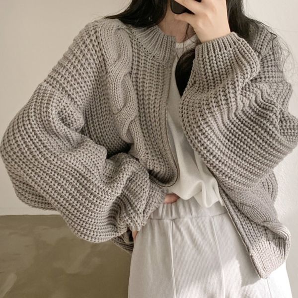 

womens knits tees autumn and winter lazy wind thick line zipper sweater womens jacket retro twist casual knitted cardigan 230821, White