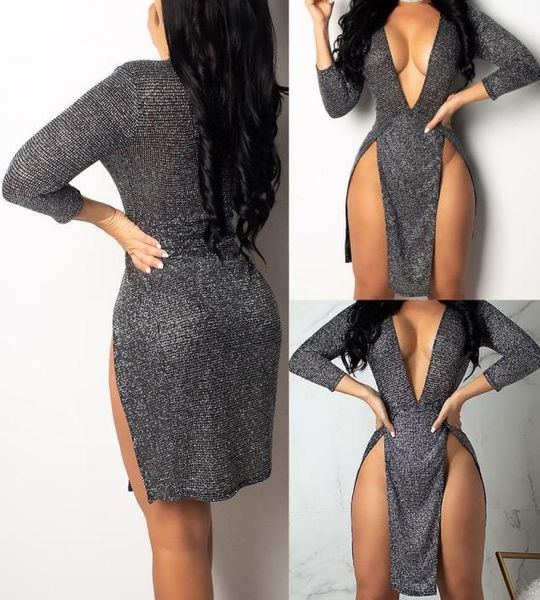 

women high side split night clubwear short dress femael long sleeve low cut deep v neck bodycon slim fit party wear dress7663533, Black;gray
