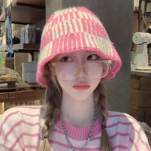 

wide brim hats bucket korean pink plaid beanies hat autumn winter spell colour warm basin cap all match street knitted fisherman s 230822, Blue;gray