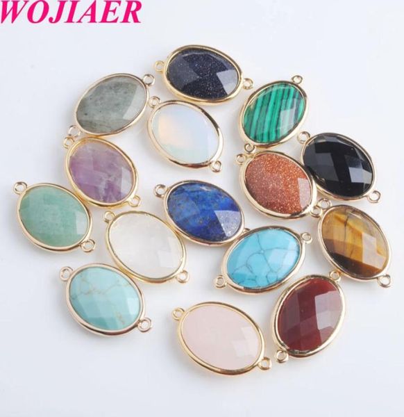 

wojiaer oval natural facted gem stone loose beads double hole pendant connector for female necklaces jewelry making bz9034564402, Black