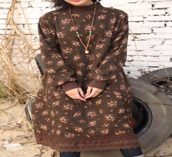 

new vintage soft lace cotton floral dress autumn winter mori girl classy loose turtleneck thicken medium length dress large size5271571, White;black