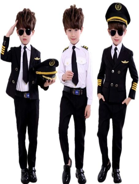 

new fashion children039s day pilot uniform stewardess cosplay halloween costumes for kids disguise girl boy captain aircraft fa4010103, Black;red