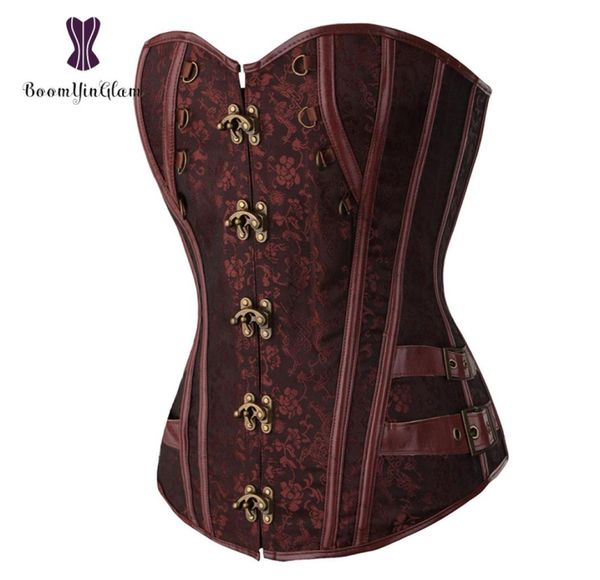 

waist trainer brocade steampunk jacquard faux leather studded overbust brown corset bustier with chains s6xl 9165653879, Black;white