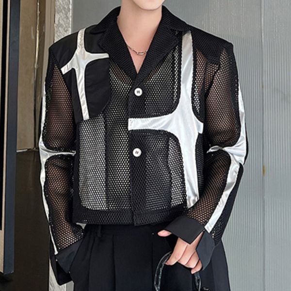 

men's jackets retro hollow grid suit men short splicing high street jacket solid color coat lapel male club outfit black 230821, Black;brown