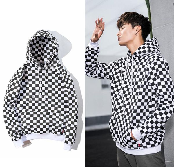 

men039s oversize hoodies black and white checked hooded fashion sweater menwomen loose casual plus fleece sweatshirts5826456