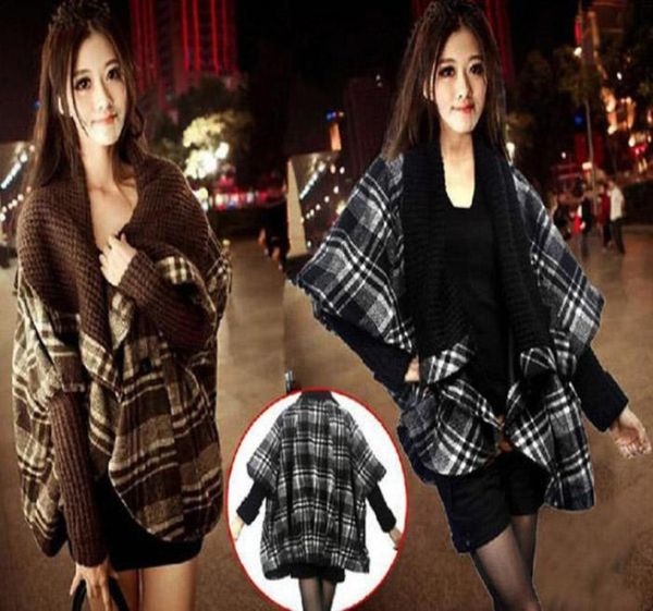 

new arrival womens cloak plaid wool coat plus size wool blends poncho overcoat loose cape outerwear6260463, Black