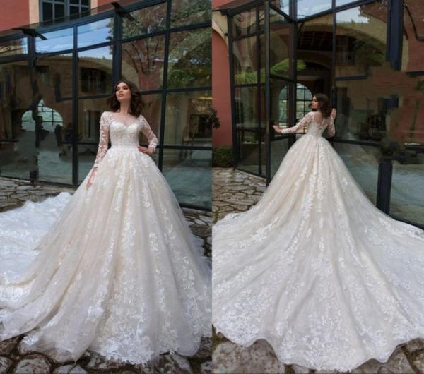 

embroidery appliques with scalloped neck aline wedding dress 2022 full long sleeve corset and button vintage wedding gown5241886, White