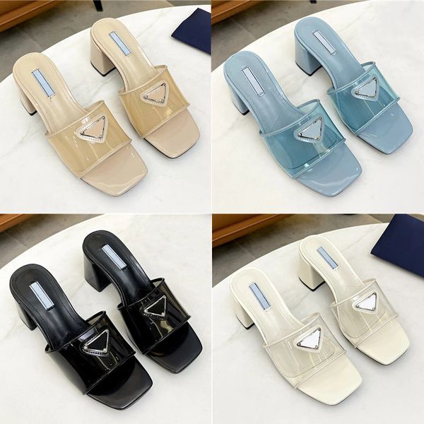 

designer womens slippers open toe rubber genuine leather bottom transparent triangle label jelly shoes thick heel sandals 35-40, Black