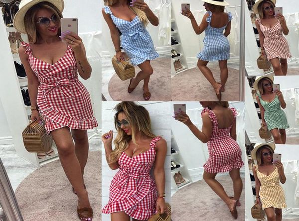 

new arrivals 2020 summer fashion lattice laceup halter zipper ruffled women plaid dress womens formal clothes plus size woman dre7059813, White;black