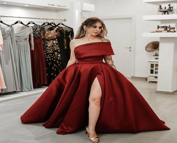

2021 modest burgundy satin side split prom dresses with beaded sheer one long sleeve evening party formal women gowns3039613, Black