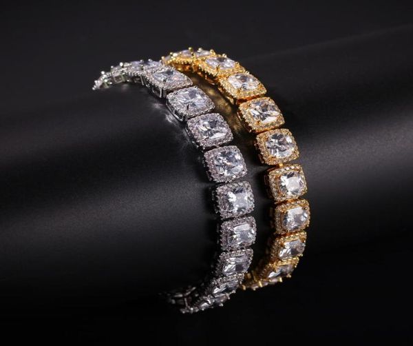 

hip hop cube square stones chain bracelet for men women gold silver color micro pave cubic zircon 10mm1769004, Golden;silver