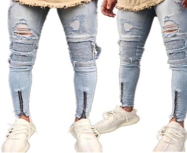 

2020 brand designer slim fit ripped jeans men histreet mens distressed denim joggers knee holes washed destroyed jeans17708489, Blue