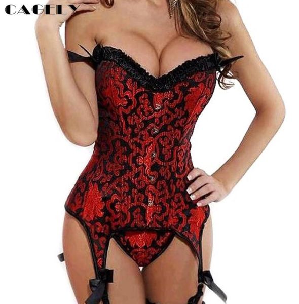 

red black brocade overbust corset steelbusks corselet with suspender belts lacingup bustier lingerie dobby body shaper8011092, Black;white