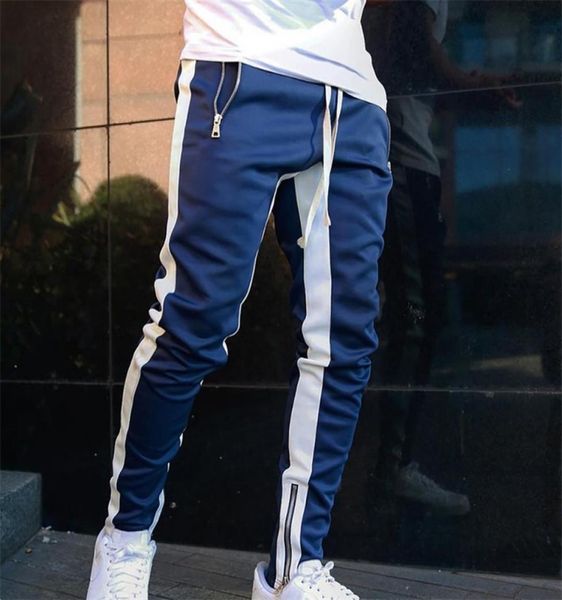 

mens joggers pants gyms fitness sportswear tracksuit bottoms skinny sweatpants trousers male stripe jogging sports casual pants 215588953, Blue