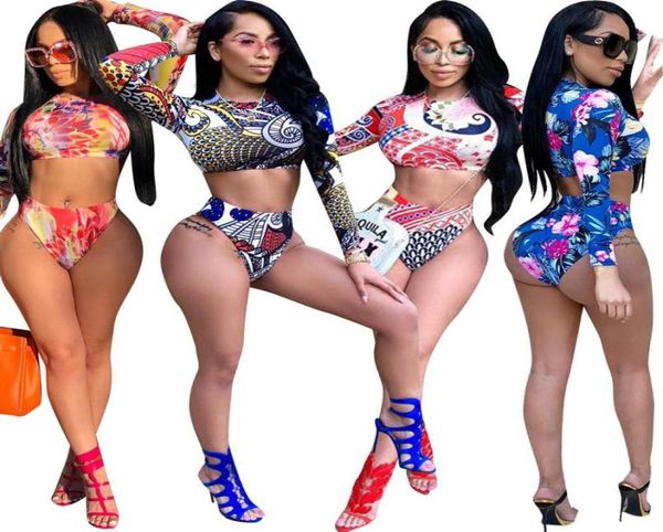 

women two piece swimsuit 3d printed long sleeve bikini panties swimwear lady beach wear diving bathing suits monokini3222783593, White;black