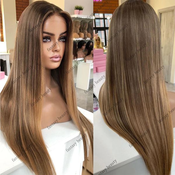 

220%density Light Brown Blonde 360 Full Lace Front Human Hair Wigs Highlighted Wig Silky Straight 100% Human Hair 13x6 HD Lace Frontal, Mix color
