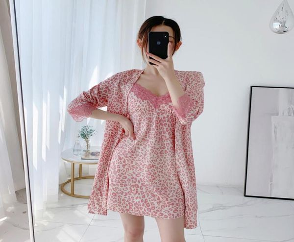 

pink leopard satin sleepwear women robe gown rayon 2pcs kimono roap sleep set noble lace ladies nightgown lounge suit4055333, Black;red